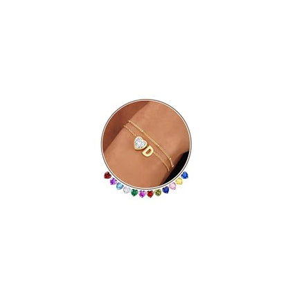 14K Gold Plated Heart Initial Birthstone Gold Bracelets for Women | Dainty Heart Letter A-Z Charm Layered Bracelets Birthday Trendy Jewelry Gifts for Women - color: D
