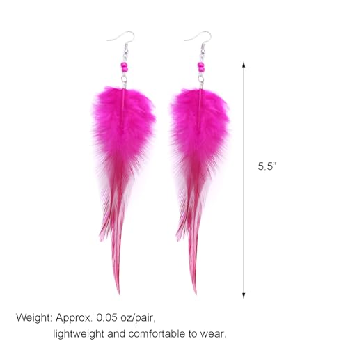 RUOFFETA Long Feather Earrings for Women, Boho Bohemian Earrings Multicolor Tassel Handmade Feather Earrings for Women Dangling - style: M-Hot Pink