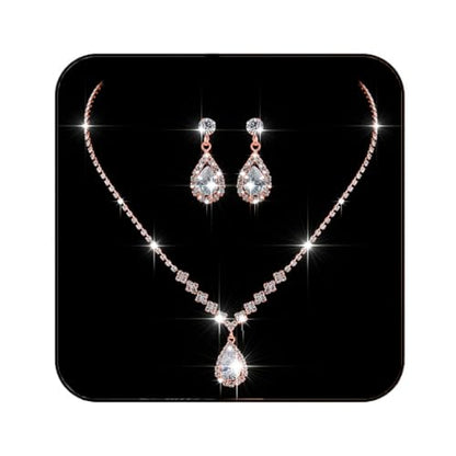 JAKAWIN Clip On Earrings and Necklace Set Silver Rhinestone Jewelry Sets - color: 4 Rose Gold