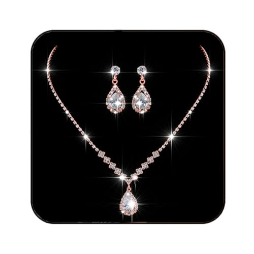 JAKAWIN Silver Rhinestone Jewelry Set Wedding Necklace Earrings for Women - color: C Rose Gold