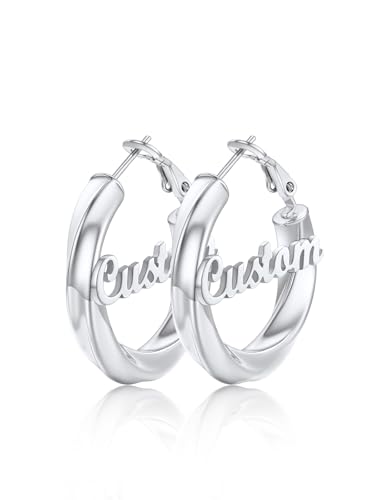 FindChic Twisted Hoop Earrings for Women, Silver/Black/14K Gold Plated Hypoallergenic Hollow Tube Rounded Loop Earrings, 30mm/40mm/60mm/80mm Hoops with Custom Name Options and Gift Box - color: e.Silver (Custom Name), size: 30MM