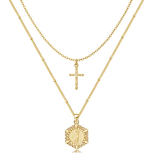 KELORIS PATH Gold Layered Initial Cross Necklace, 14K Gold Plated Layering Square Letter Pendant Figaro Chain Cross Choker from A-Z Capital Jewelry for Women Girls | 14K Gold Plated Square/Hexagon Letter Pendant with Figaro Chain, Stackable Jewelry Gifts,