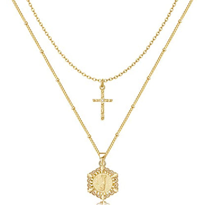 KELORIS PATH Gold Layered Initial Cross Necklace, 14K Gold Plated Layering Square Letter Pendant Figaro Chain Cross Choker from A-Z Capital Jewelry for Women Girls | 14K Gold Plated Square/Hexagon Letter Pendant with Figaro Chain, Stackable Jewelry Gifts,