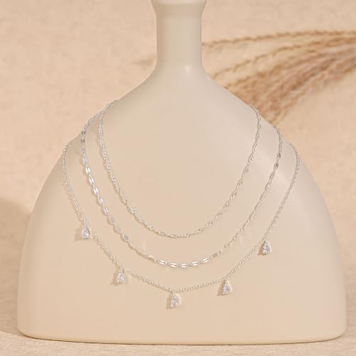 Layered Necklaces for Women, Dainty Gold Necklace Stack 14k Gold Plated Layering CZ Chain Choker Necklaces for Women Trendy Simple Non Tarnish Gold Necklaces Set Fashion Bridal Prom Jewelry - color: set3-silver