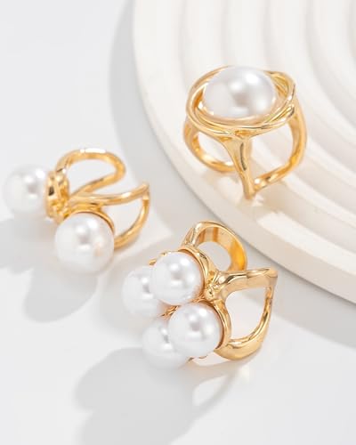 Chunky Gold Shell Starfish Ring Set for Women Trendy Gold Flower Scallop Seashell Starfish Gemstone Rings Adjustable Stacking Statement R-ings Non Tarnish Spring Summer Jewelry Accessories - color: A8:3 pcs