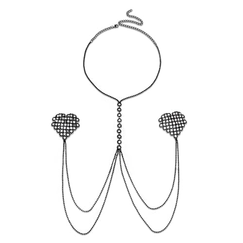 Rhinestone Heart Bra Chain Non Piercing Nipple Jewelry Festival Rave Layered Sexy Necklace Crystal Nipple Body Accessories Jewelry for Women Party - color: Black