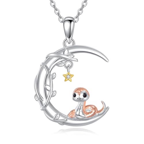YAFEINI Moon Animal Necklace S925 Sterling Silver Owl/Fox/Red Panda/Possum/Snake/Dachshund Pendant Necklace Animal Jewelry Gifts for Women Mom Wife - style: Snake