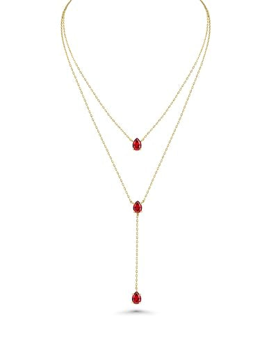 SNGIA Long 18K Gold Plated Blue Green Red Layered Pendant Necklace For Women (Emerald, Ruby, Seafoam, Sky, Sapphire, Pink), Dainty Birthstone Necklace, Statement Necklace Jewelry Gifts. - style: Ruby