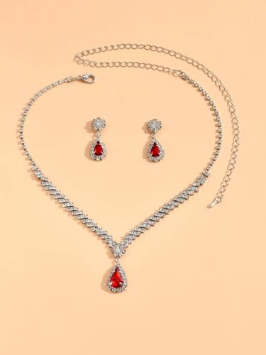 Wedding Jewelry Sets for Brides Rhinestone Necklace and Earring Set Bracelet Ring Gold Silver Prom Jewelry Sets Diamond Flower Teardrop Necklace for Women - color: Style4-Red