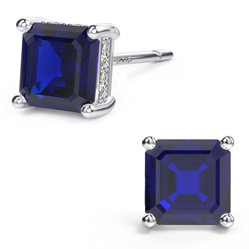 Asscher Cut Cubic Zirconia Stud Earrings for Men Women | Square CZ Simulated Diamond Studs, 18K White Gold Plated Sterling Silver - color: Blue, size: 5MM