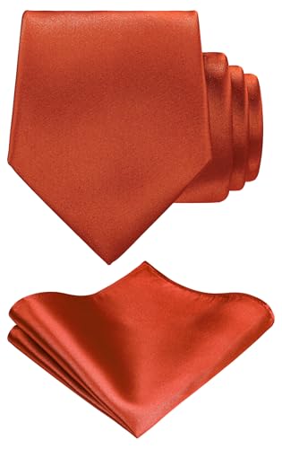 TIE G Solid Satin Woven dyed Color Formal Black Necktie and Pocket Square Sets in Gift Box - color: Burnt Orange