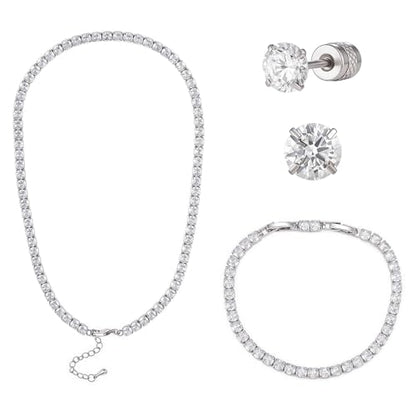 Tennis Jewelry Set for Women 4mm Cubic Zirconia Necklace Bracelet Earring 3Pcs Set Silver Tone Hypoallergenic Iced Out CZ Bridal Accessories Dainty Wedding Party Anniversary Birthday Gift for Her - color: silver 13 inches + 2 inches