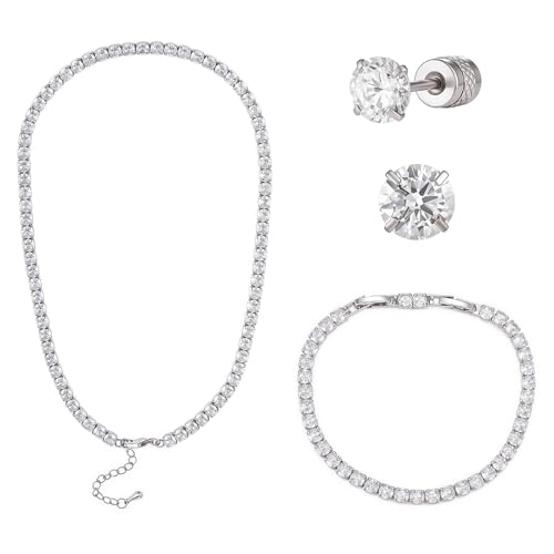 Tennis Jewelry Set for Women 4mm Cubic Zirconia Necklace Bracelet Earring 3Pcs Set Silver Tone Hypoallergenic Iced Out CZ Bridal Accessories Dainty Wedding Party Anniversary Birthday Gift for Her - color: silver 13 inches + 2 inches