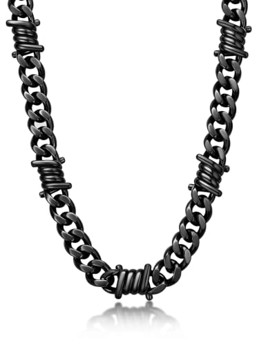 Bandmax Stainless Steel Barbed Wire Cuban Chain Necklace for Men & Women | Edgy Fierce Design, Waterproof & Tarnish Resistant, Silver/Black Tone, 5/7/9/12MM, 16-22 Inches, Street Punk Style Jewelry - color: B2 12MM-Black, size: 18 Inch (46cm, Pop Choice)