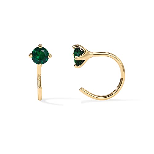 PAVOI 14K Gold 925 Sterling Silver Huggie Half Hoop Earrings for Women | Tiny Boho Colored Cartilage Earring | Blue, Green, Amethyst, Garnet, Black CZ, Turquoise, Opal, Pearl - style: Green