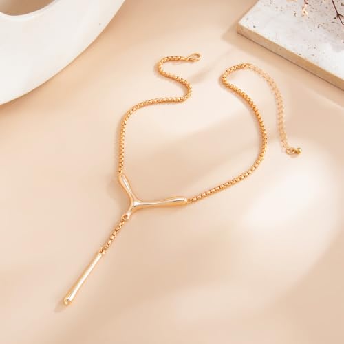 Abstract Y Shaped Lariat Necklace Minimalist Vertical Bar Drop Pendant Chain Jewelry