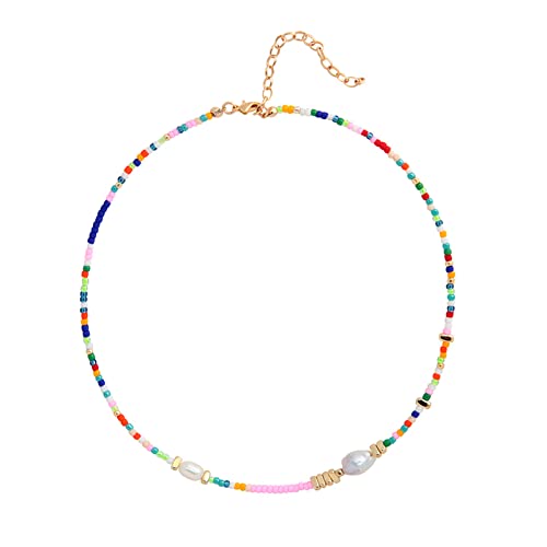 Wellike Freshwater Pearl Beaded Necklace for Women Handmade Boho Colorful Glass Beads Choker Necklace Stainless Steel 18K Gold Plated Bohemian Women Summer Jewelry Gifts - color: KKWX920AMZ