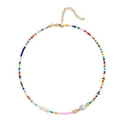 Wellike Freshwater Pearl Beaded Necklace for Women Handmade Boho Colorful Glass Beads Choker Necklace Stainless Steel 18K Gold Plated Bohemian Women Summer Jewelry Gifts - color: KKWX920AMZ