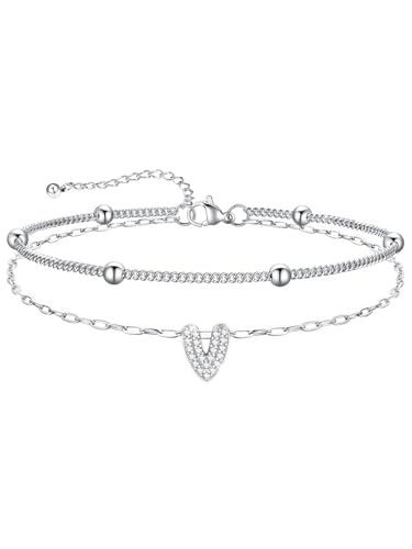U7 Initial Ankle Bracelets for Women Silver/Gold Anklets Waterproof, 14K Gold Plated Layered Anklets Bracelet Stainless Steel Hypoallergenic 8.5"-10.5" - color: Silver-CZ, size: V