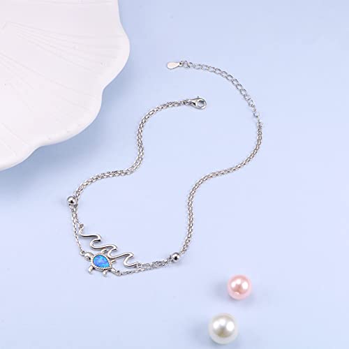 Flyow Anklet for Women S925 Sterling Silver Adjustable Foot Beaded Heart Charm Ankle Bracelet Anklets Jewelry - style: opal turtle