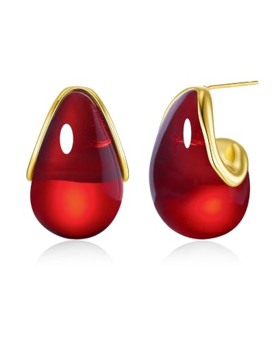 SNGIA Oval C Shape Chunky Dangle 18K Gold Plated Hoops with Colored Resin Gemstone Statement Earrings for Women by SNGIA, (Green, Brown, Blue, Pink, White, Cream), Long Bold Drop Handmade Exaggerated Irregular Trendy Bohemian Jewelry Gifts, Unique Danglin