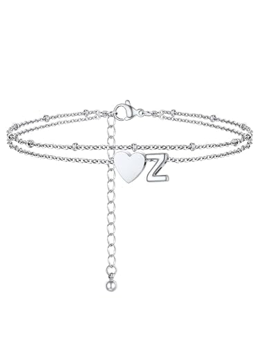 Initial Ankle Bracelets for Women, Dainty Stainless Steel Letter A-Z Layered Anklets, Heart Ankle Bracelet 8.5"-10.5" Adjustable, Summer Beach Jewelry, Come with Box - color: Silver, size: Z