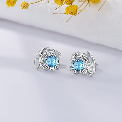 Dragon Earrings Sterling Silver Stud Hypoallergenic Birthstone Crystal Dragon Earrings for Women - color: 03-Mar