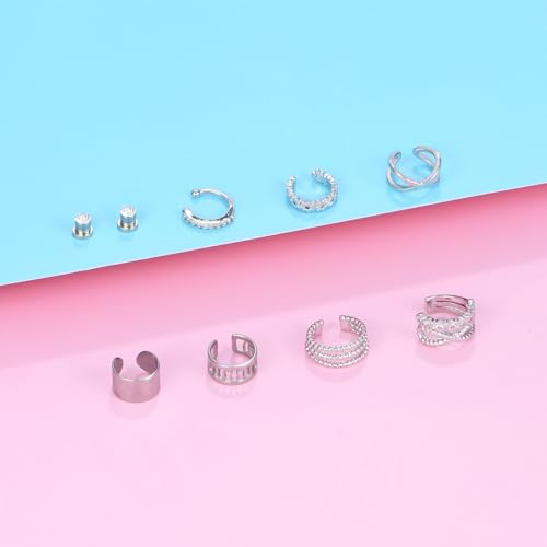 JFORYOU Stainless Steel Ear Cuff Fake Helix Cartilage Clip On Wrap Earrings Fake Lip Ring Non-Piercing Adjustable Men Women - color: Style A-Silver color 2