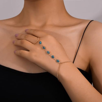 Vivian&CD Trendy Gold Hand Chain Bracelet for Women, 14k Gold Plated Dainty Ring Bracelet, Hypoallergenic Finger Nail Bracelet with Zircon Sequins or Satellite Chain - Elegant Jewelry Gift for Women - style: Devil's Eye