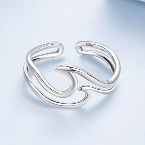 MUNDELL 925 Sterling Silver Simple Multi-layer Leaf Adjustable Ring Green Lucky Leaves Statement Ring for Women Promise Ring Fine Jewelry - color: White Silver