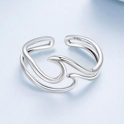 MUNDELL 925 Sterling Silver Simple Multi-layer Leaf Adjustable Ring Green Lucky Leaves Statement Ring for Women Promise Ring Fine Jewelry - color: White Silver