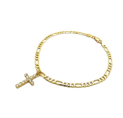 Fashion 21 Women's Cross, Ankh, Queen Nefertiti Piece 10 inches Figaro Chain Anklet Foot Bracelet in Gold Tone - style: Cross Piece / Figaro