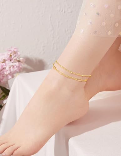 6PCS Ankle Bracelets for Women18K Gold Plated Stainless Steel Waterproof Layered Herringbone Figaro Bead Paperclip Rope Tennis Box Cuban Link Rolo Satellite Chain Anklets Set Gold Tone - style: B:Bead,Rope