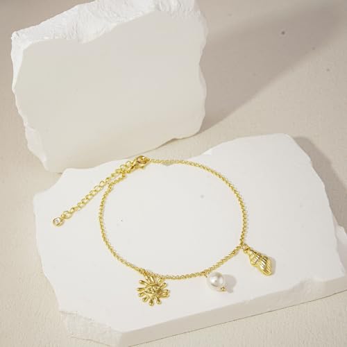 Bheop Ankle Bracelets for Women 14K Gold Silver Plated Waterproof Anklets | Evil Eye Pearl Heart Conch Shell Charm, Boho Adjustable Foot Chain, Dainty Summer Beach Jewelry Gifts, Non Tarnish - color: GD-Sun/Pearl/Conch Shell