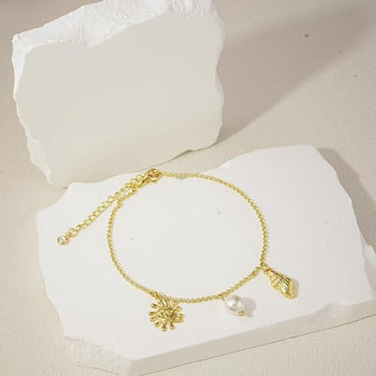Bheop Ankle Bracelets for Women 14K Gold Silver Plated Waterproof Anklets | Evil Eye Pearl Heart Conch Shell Charm, Boho Adjustable Foot Chain, Dainty Summer Beach Jewelry Gifts, Non Tarnish - color: GD-Sun/Pearl/Conch Shell
