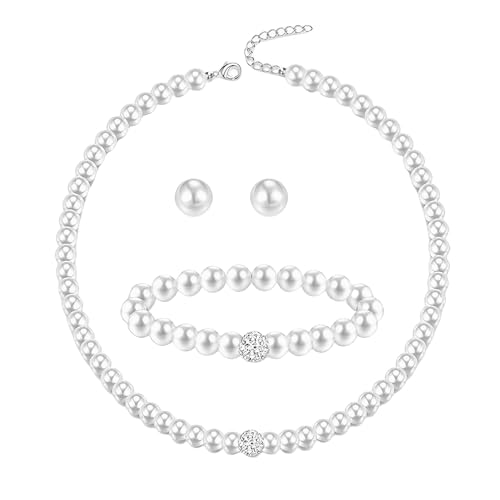 Pearl Bride Wedding Jewelry Set Faux Pearls Necklace Earrings Bracelet Sets for Women Bridesmaid Wedding(3 PCS) (White-Round)