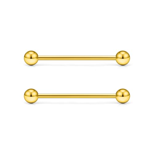 16G 14G Surgical Steel Tongue Rings Nipple Rings Industrial Piercing Jewelry Set Multi Size Straight Barbells 12mm 14mm 16mm 19mm 22mm 28mm 32mm 35mm 38mm 40mm 45mm for Women Men - color: goldtone, size: 14g,bar length 28mm
