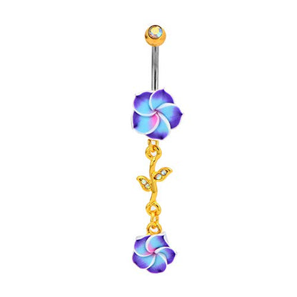 Assorted Set 14 Gauge 3/8 Inch 316L Surgical Steel Barbell Belly Button Navel Rings Dangles Boho Hawaiian Plumeria Flower - style: 2 Belly Dangle