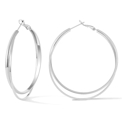 Gacimy Criss Cross Hoop Earrings for Women, 14K Gold Plated Hoops | Hypoallergenic 3mm Wide Double Layer Crossover Hoop Earrings with Lightweight Statement Design, Fashion Gift for Women - color: Silver, size: 50mm