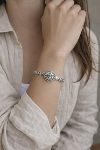 Isac Silver-Tone Concho Cuff Bracelet with Turquoise Stone, Floral Engraved, Western Boho Style