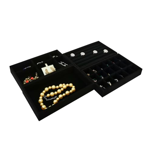 Stackable Jewelry Trays Velvet Drawer Organizer Inserts Tray Jewelry Storage Display Case for Rings,Stud Necklaces,Earrings (Black) - color: Black