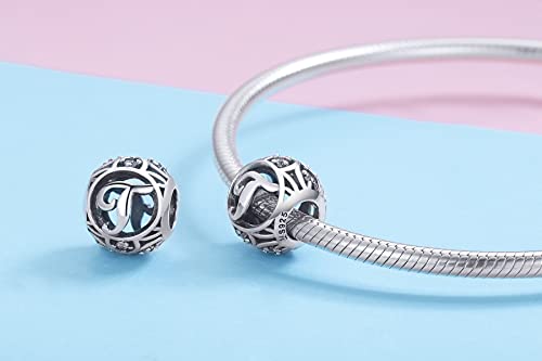 Letter Charms 925 Sterling Silver Initial A-Z Bead Charms | For Bracelets Necklaces, Hypoallergenic,Cubic Zirconia Alphabet Beads, Personalized Gifts for Women - color: T