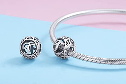Letter Charms 925 Sterling Silver Initial A-Z Bead Charms | For Bracelets Necklaces, Hypoallergenic,Cubic Zirconia Alphabet Beads, Personalized Gifts for Women - color: T