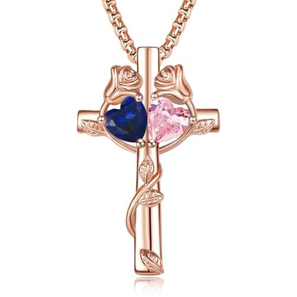 Rose Gold Cross Necklace with 2 Birthstones and Rose | Cross with Birthstone Necklace, Hypoallergenic, Adjustable Rolo Chain, Birthday Gifts, Catholic Christian Religious Jewelry - color: 09-10-Sept-Oct Birthstone
