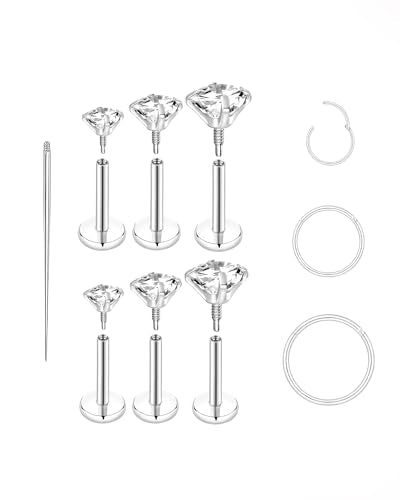 16G 18G Surgical Steel Internal Thread Stud Piercing Jewelry Set Nose Medusa Lip Labret Stud Hypoallergenic Clicker Hoop Septum Rings Cartilage Tragus Helix Conch Earrings for Women Men - color: 16G-10mm-silver