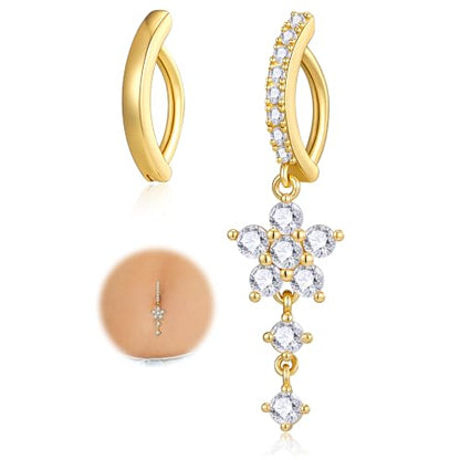 Apsvo 2Pcs Belly Button Ring for Women Surgical Steel CZ Clicker Belly Rings Hoop Teardrop Heart Dangle Belly Button Piercing Simple Reverse Navel Piercing Jewelry 14G - color: Gold-Flower