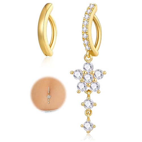 Apsvo 2Pcs Belly Button Ring for Women Surgical Steel CZ Clicker Belly Rings Hoop Teardrop Heart Dangle Belly Button Piercing Simple Reverse Navel Piercing Jewelry 14G - color: Gold-Flower