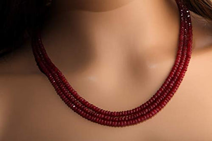 AAA Natural Ruby Gemstones 3-4.5mm Multi Strand, 3 Line Layer Gemstone Rondelle Necklace 20" Plus 9" Adjustable Thread. 270Ct