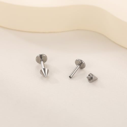 Xpircn ASTM F136 Titanium Flat Back Stud Earrings Internally Threaded Labret Monroe Lip Nose Studs Tragus Helix Conch Cartilage Piercing Jewelry for Women - color: 18G 6MM Bar,3MM Spike,Silver