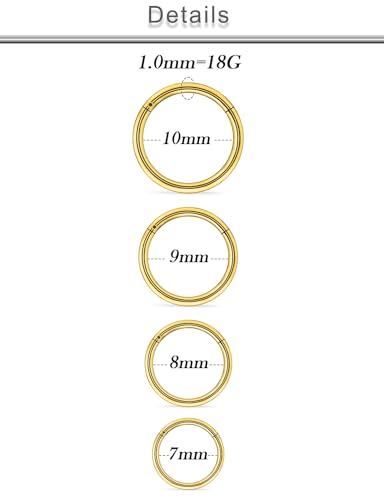 20G 18G 16G 14G 12G 10G Surgical Steel Hinged Clicker Segment Nose Rings Hoop Lip Rings Helix Cartilage Daith Tragus Sleeper Earrings Body Piercing for Women Men 6mm 8mm 10mm 12mm 14mm 16mm - color: Gold-18G（1.0mm)-Inner Diameter: 7mm 8mm 9mm 10mm